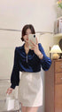 Collar Down Pearl Embedded Long Sleeves Satin Tops